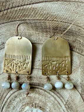 One of a kind Handcrafted Brass Dangle Earrings with Moonstone Drops